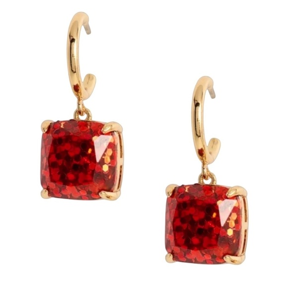 KATE SPADE • Squared Away Red Glitter Huggies Hoop Earrings - Picture 1 of 5